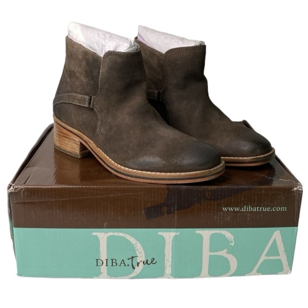 Diba True Suede Distressed Caspian Pull-On Bootie Low Stack Heel Square Toe